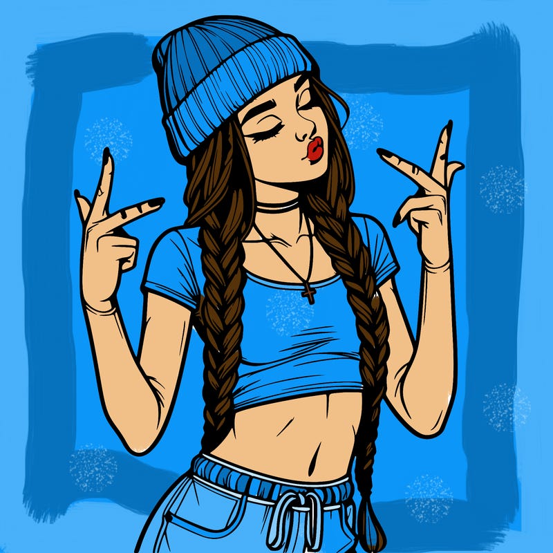 realistic teenage girl with braids and a beanie and crop top doing 🫶🏼
