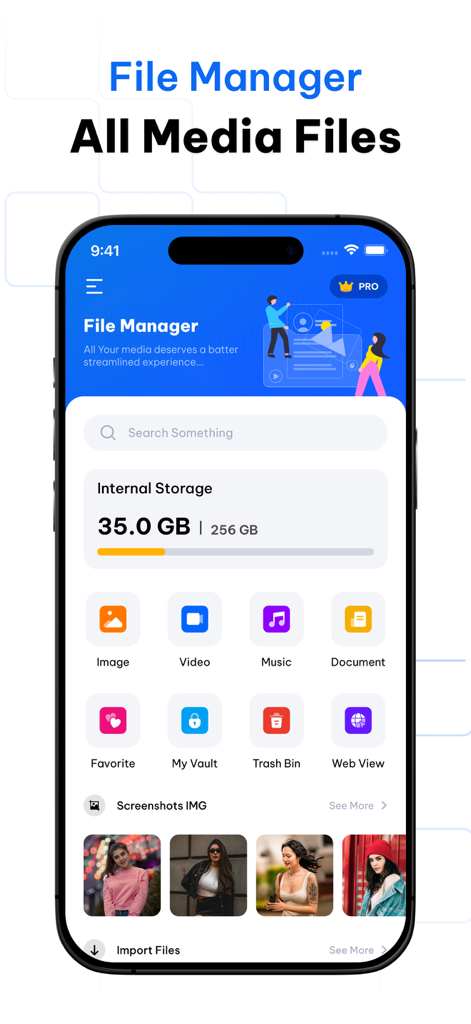 File Manager: Vault & Explorer - Dashboard of the File Manager app showing storage usage and media categories like images videos and vault.