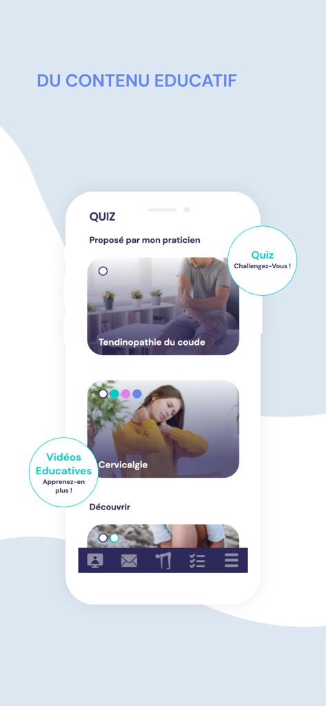 Interface de l'application mobile Axomove affichant des vidéos thérapeutiques éducatives et des quiz sur la santé