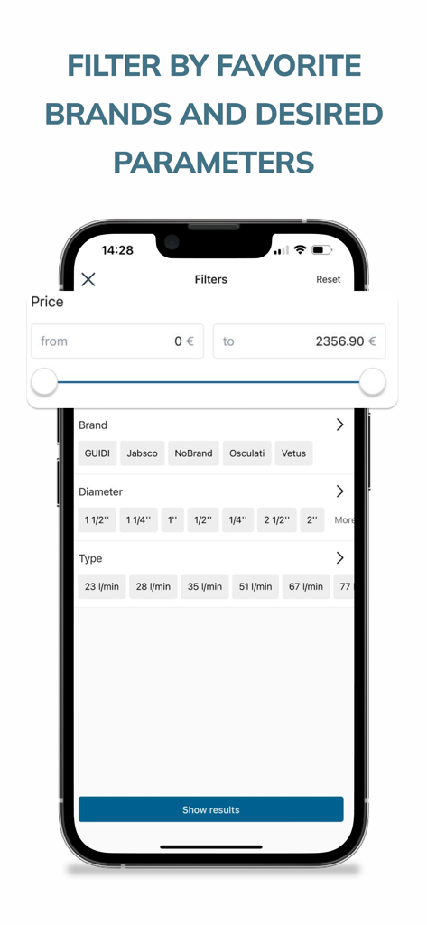 Eine mobile App-Oberfläche mit Filteroptionen für Yachtzubehör, einschließlich Preisspanne, Markenauswahl und technischer Parameter wie Durchmesser und Durchflussrate