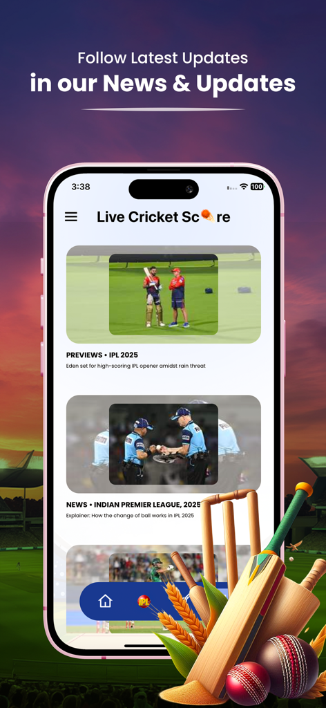 Live Cricket TV- HD Streaming. - Mobile app interface displaying live cricket news and IPL 2025 updates