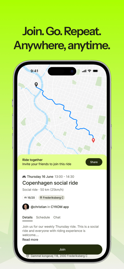 CYKOM: Discover & plan rides - CYKOM app interface displaying a map route and event details for a social cycling ride