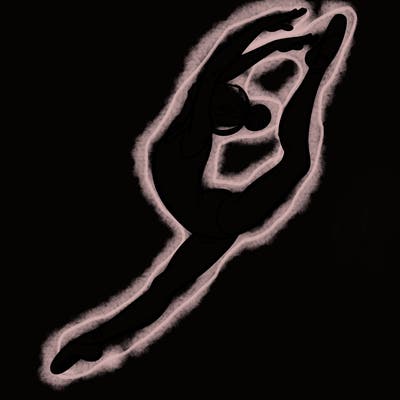 gymnast doing a leap in a leotard with a bent back leg