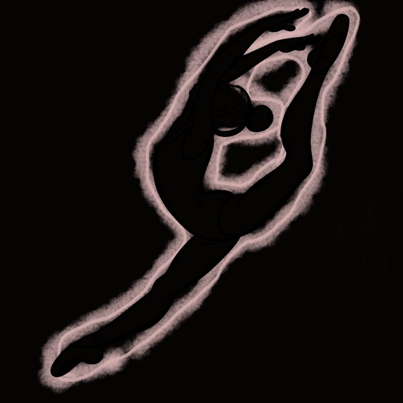 gymnast doing a leap in a leotard with a bent back leg