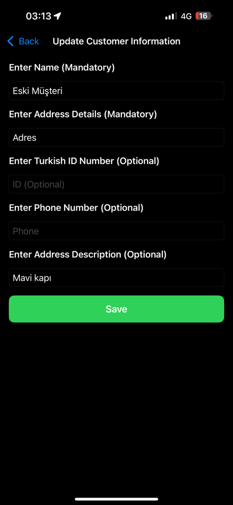 Update customer information screen in the Debt Tracking for Vet app showing fields for name and address