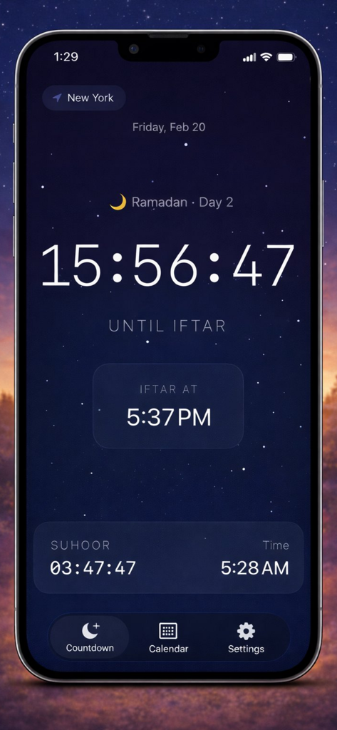 Teléfono inteligente que muestra un temporizador de cuenta atrás para los horarios de Iftar y Suhoor para Nueva York durante el Ramadán