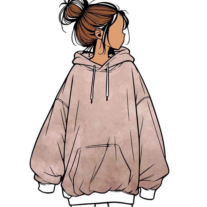 realistic girl with a oversized sweatshirt on and a bun