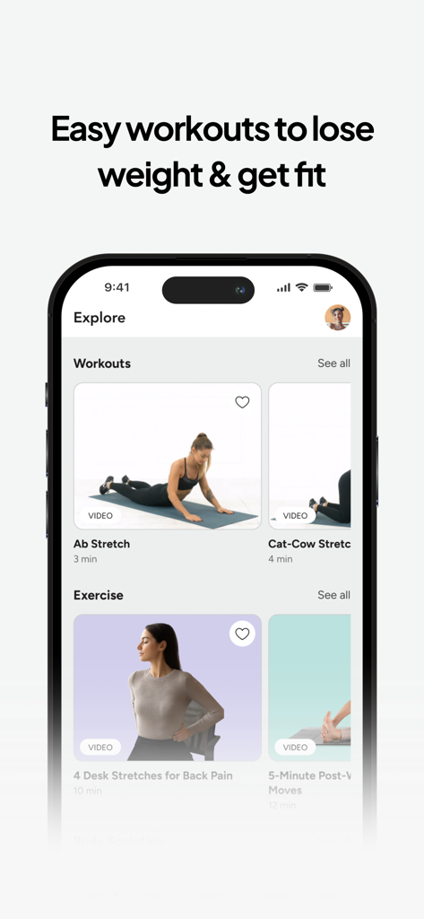 Interface de l'application Nordletics montrant l'écran d'exploration avec des exercices à domicile faciles et des exercices d'étirement