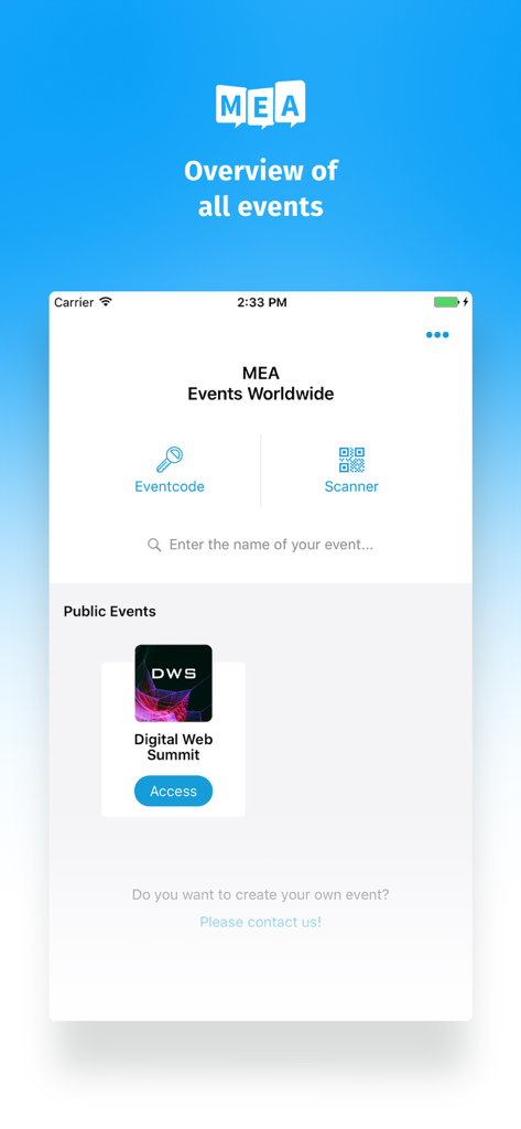 Pantalla de inicio de la aplicación móvil de eventos que muestra una descripción general de los eventos con opciones para códigos de eventos, escáner QR y listados de eventos públicos