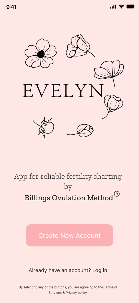 Página de destino do aplicativo Evelyn para registro de fertilidade pelo Método de Ovulação Billings