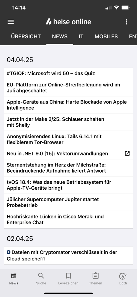 Eine Liste von technischen und IT-Nachrichten-Schlagzeilen auf Deutsch im Newsfeed der heise online Mobile App