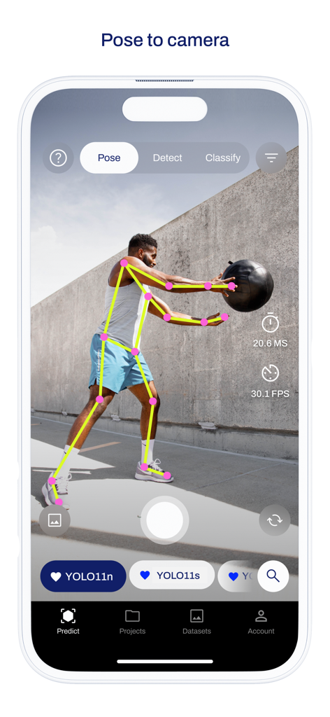 Ultralytics HUB - Real-time human pose estimation using a YOLO11 model in the Ultralytics HUB app on an iPhone.