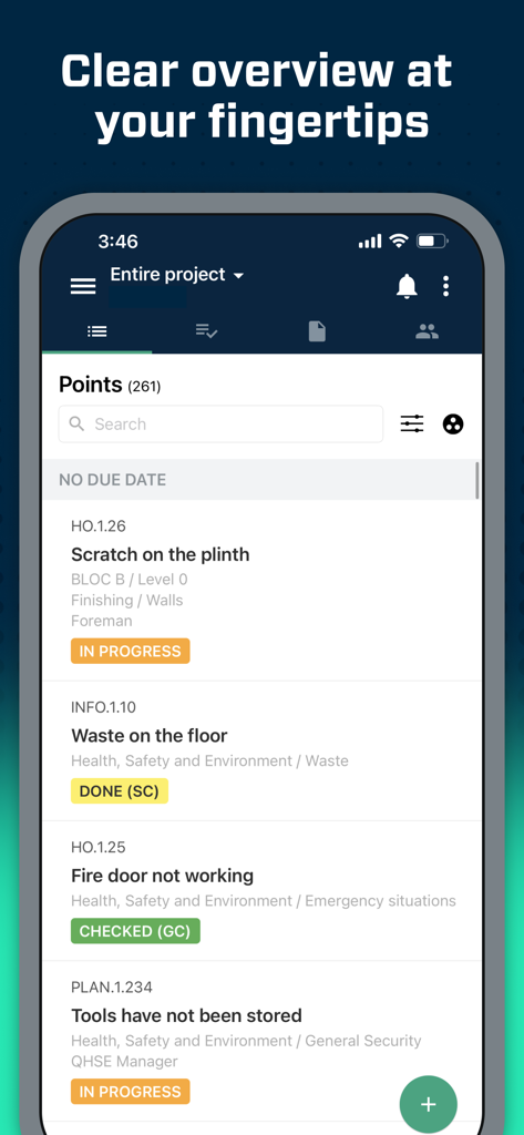 Aproplan App-Oberfläche zeigt eine Liste von Bauprojektpunkten und Aufgabenstatus auf einem Smartphone-Bildschirm