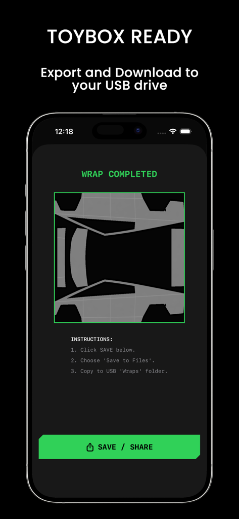 WrapsShop - La pantalla de finalización de la aplicación WrapsShop que muestra instrucciones de exportación de vinilos para el Toybox de Tesla.