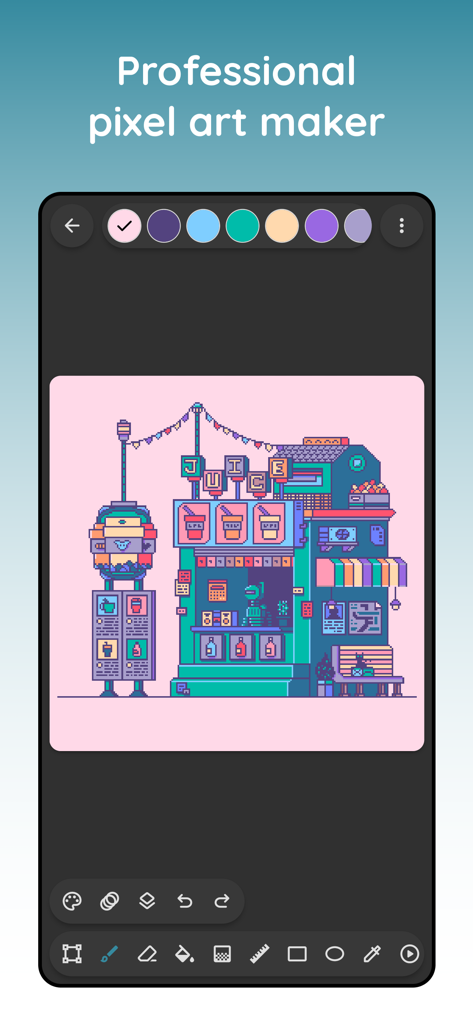 Pixel art maker - Inktica - Professional pixel art maker interface featuring a retro juice stand illustration.
