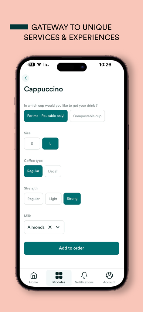 Appgrade by ServicesApp - Appgrade mobile app screen for ordering coffee with custom options as part of a workplace experience module.