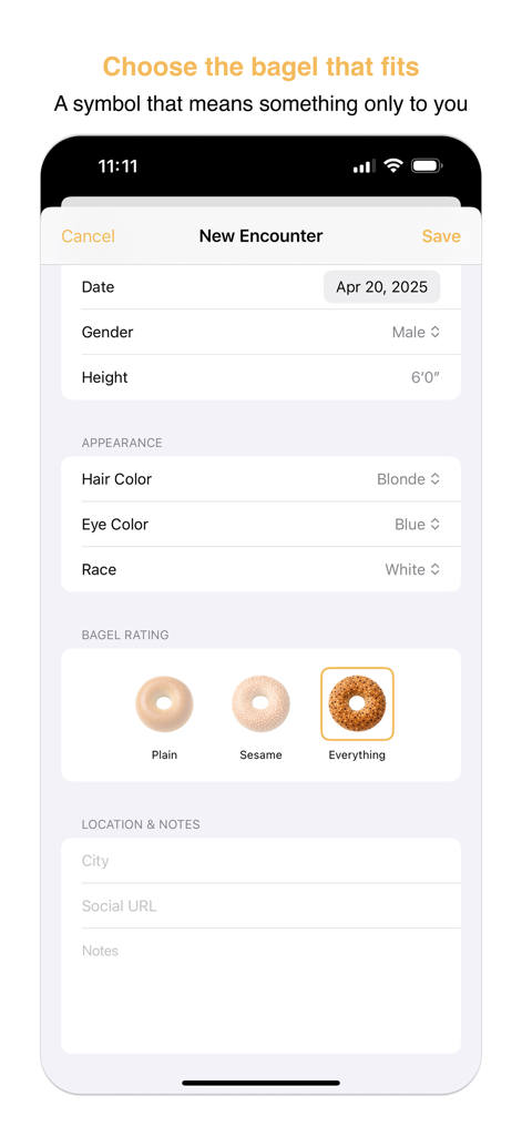 Bagel Count - Bagel Countアプリの新規出会いフォーム画面。身体的特徴のフィールドと、discreet なベーグル評価システムがあります。