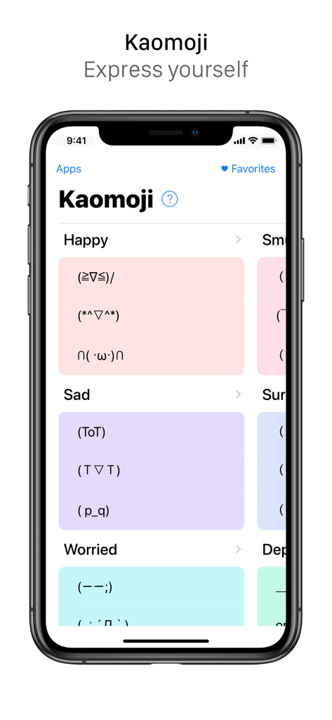 AppBox Pro - Interfaccia di AppBox Pro che mostra una collezione di emoticon di testo Kaomoji categorizzate per emozioni come felice e triste.