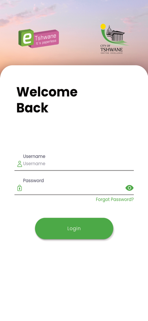 City of Tshwane - Login screen for the City of Tshwane mobile application showing username and password fields