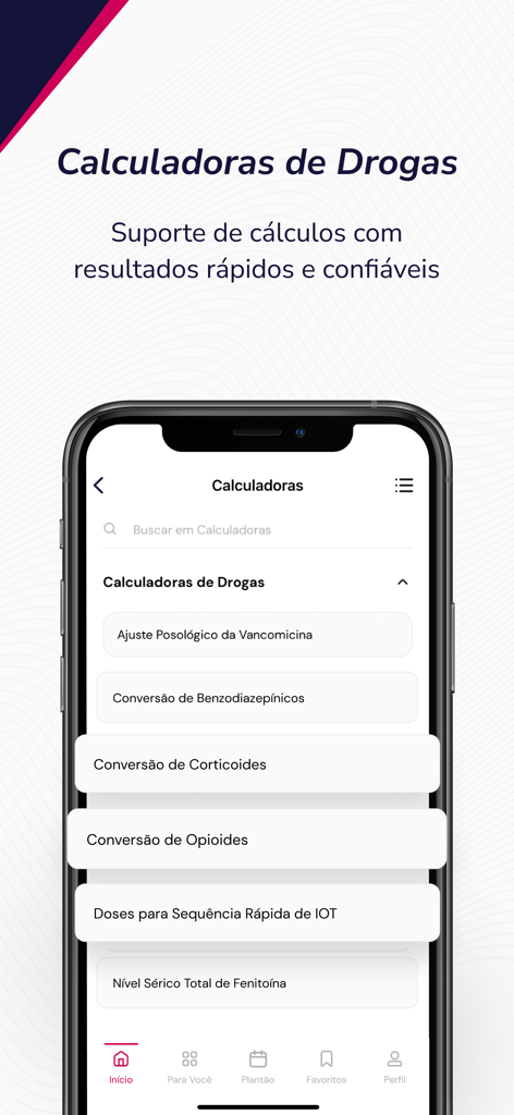 Mobile screen showing the drug calculators list in the Afya Whitebook app