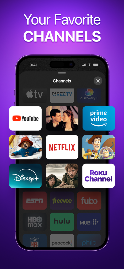 TV Remote for Roku Devices - Écran d'iPhone montrant une grille de logos de services de streaming comme Netflix, Disney Plus et YouTube dans une application de télécommande Roku.
