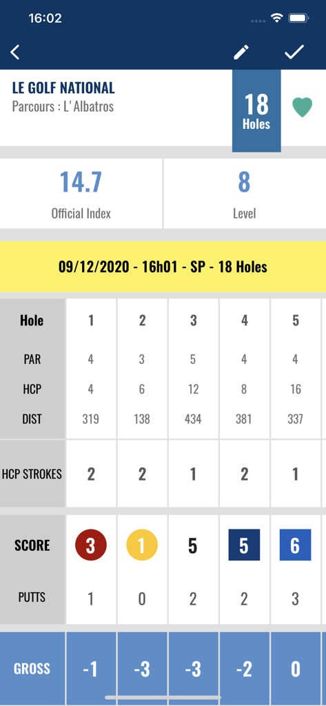 ffgolf - Digital scorecard for Le Golf National course showing scores and official index on the ffgolf app