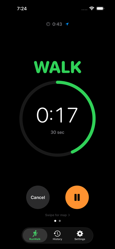 WalkRun app interface showing a 30 second walk interval timer with 17 seconds remaining