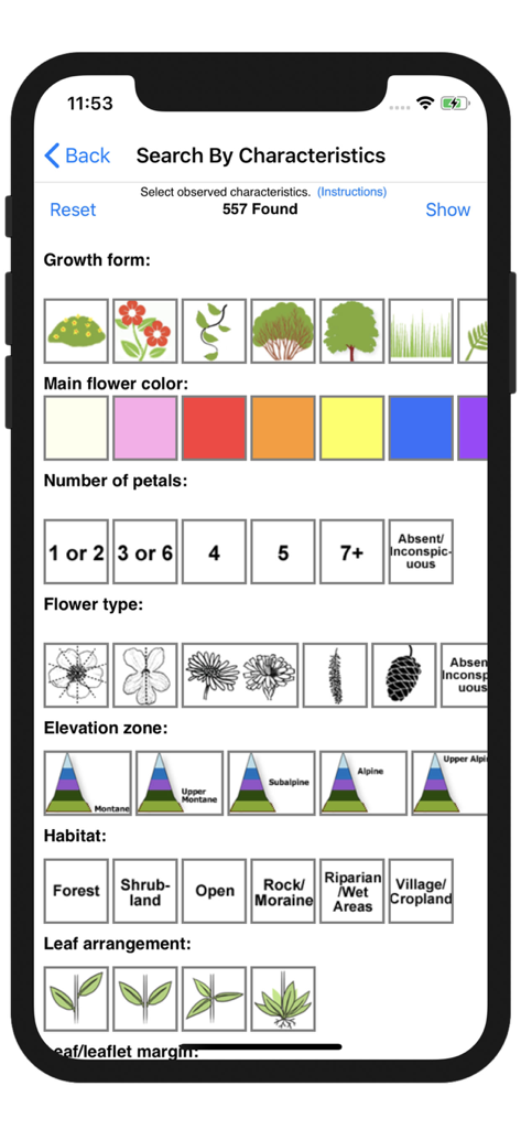 Wildflowers of Mount Everest - Search by characteristics interface in the Wildflowers of Mount Everest app featuring botanical filters for growth form flower color and elevation zone