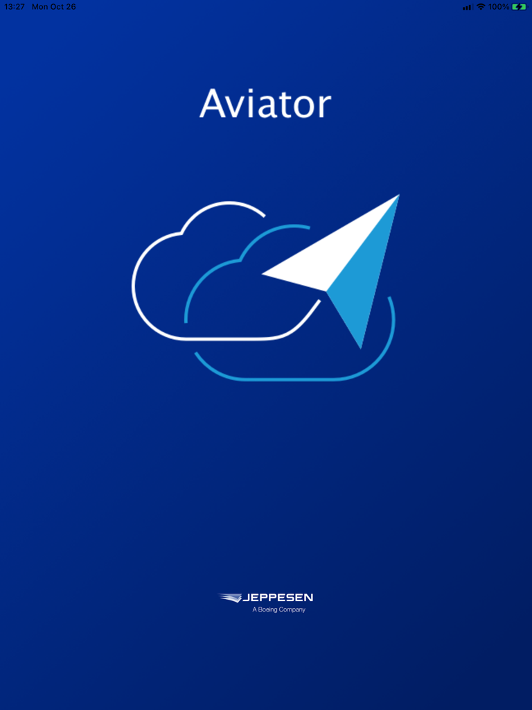 Pantalla de inicio de la aplicación Jeppesen Aviator con nubes e icono de vuelo