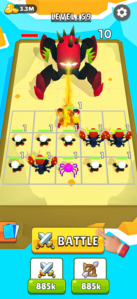 Monster Merge Dinosaur Games - A battle scene in Monster Merge Dinosaur Games showing a grid of monsters ready to fight a giant boss