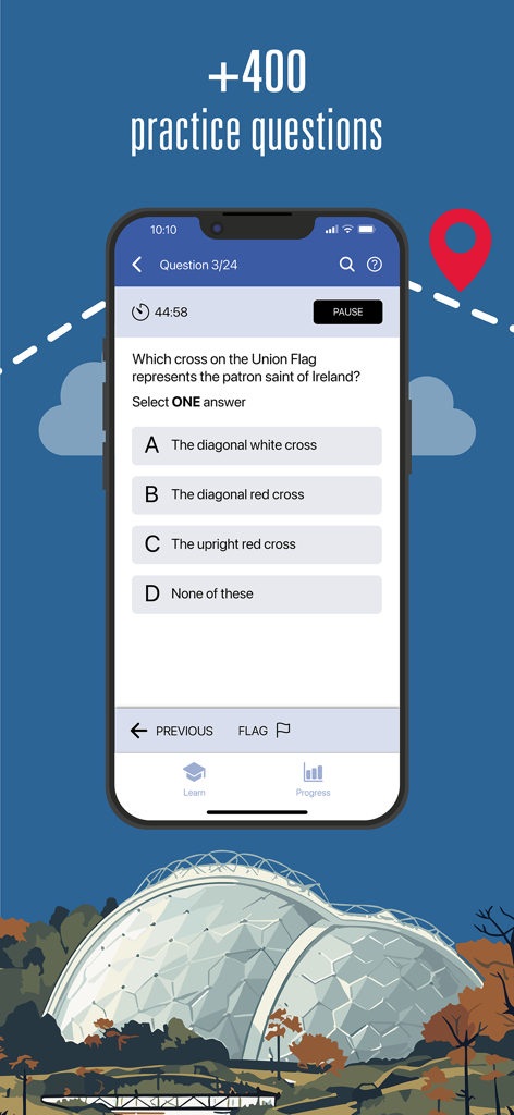 Schermata dell'app mobile che mostra una domanda di pratica a scelta multipla sulla Union Flag per il Test Ufficiale Life in the UK.