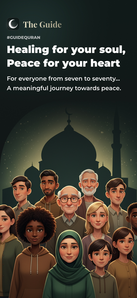 The Guide: Quran Companion - Ilustração de pessoas diversas com um fundo de mesquita e uma mensagem de cura espiritual