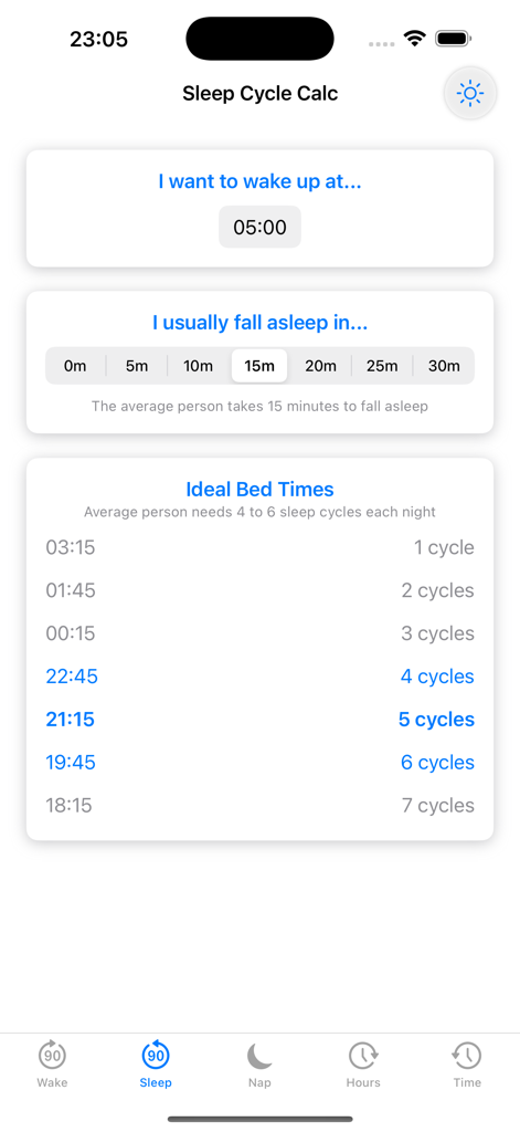 Interfaccia dell'app Sleep Cycle Calc che calcola gli orari ideali per andare a dormire in base all'ora di risveglio e alla latenza di addormentamento.