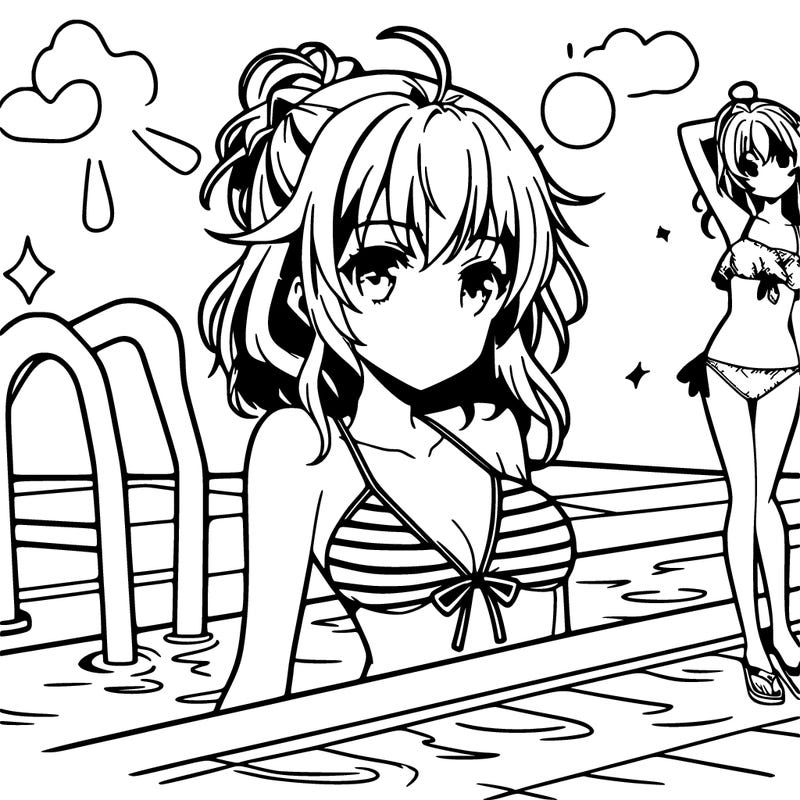 anime girl at pool in a swimsuit