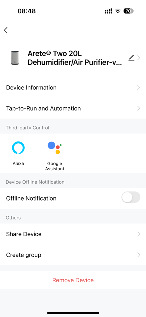 Meaco - Meaco app settings screen for Arete Two dehumidifier with Alexa and Google Assistant integration options