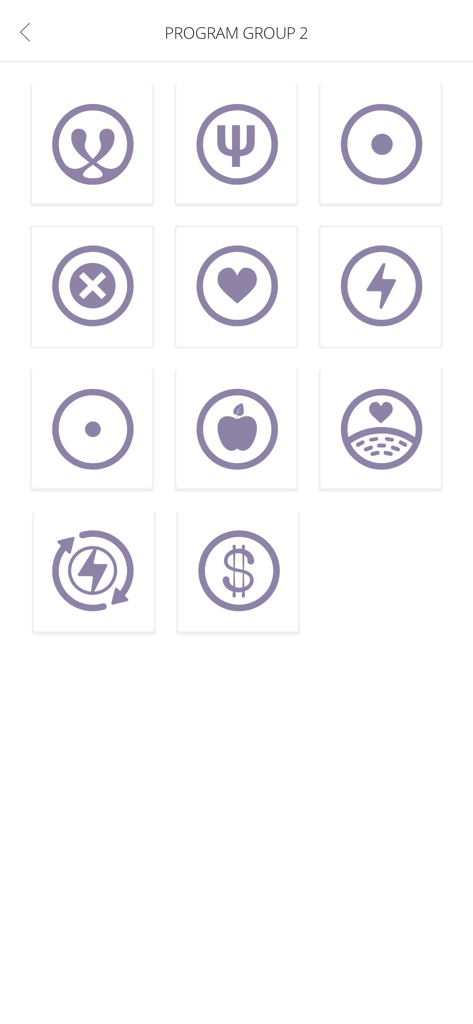 A grid of wellness program icons in the Healy 2 app for frequency therapy