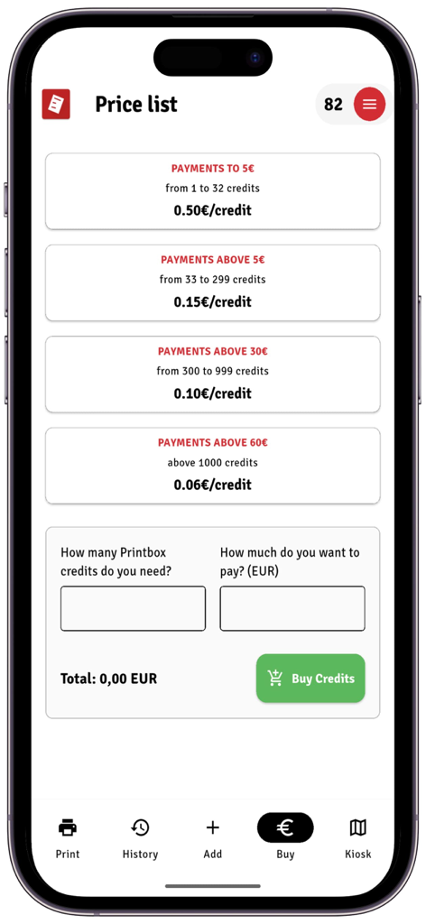Printbox - Document printing - Printbox 앱 가격 목록 및 크레딧 구매 인터페이스