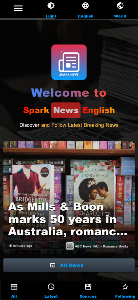 Spark News: Breaking Now - Spark News app home screen showing latest breaking news and navigation menu