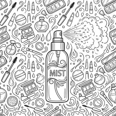 Dive into the world of beauty with this intricate coloring page featuring a setting spray bottle amidst a collection of favorite makeup essentials. Perfect for anyone who loves cosmetics and a relaxing creative escape.