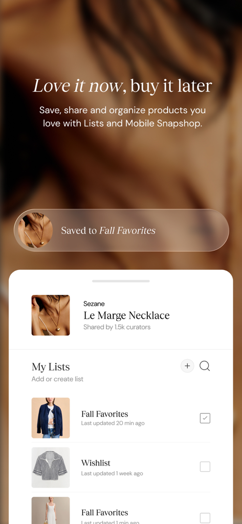 Interface de l'application ShopMy montrant un produit sauvegardé dans une liste 'Favoris d'Automne' pour un shopping organisé.