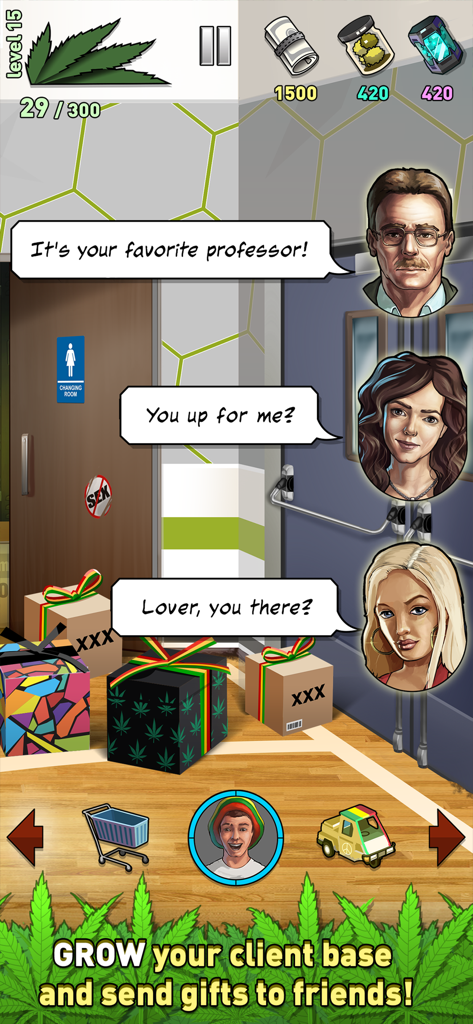 Weed Firm 2: Back To College - Gameplay of Weed Firm 2 showing character interactions and gift giving feature.