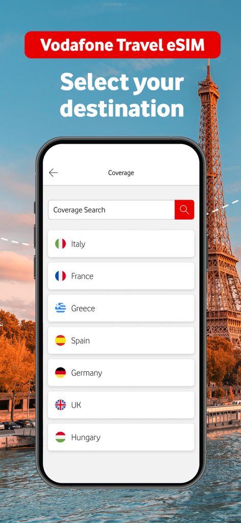 Vodafone Travel - Vodafone Travel app screen showing a list of European countries for eSIM data coverage with the Eiffel Tower in the background