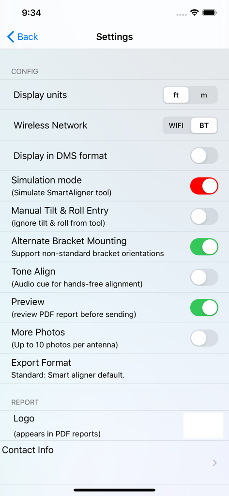 Smart Aligner mobile app settings and configuration page
