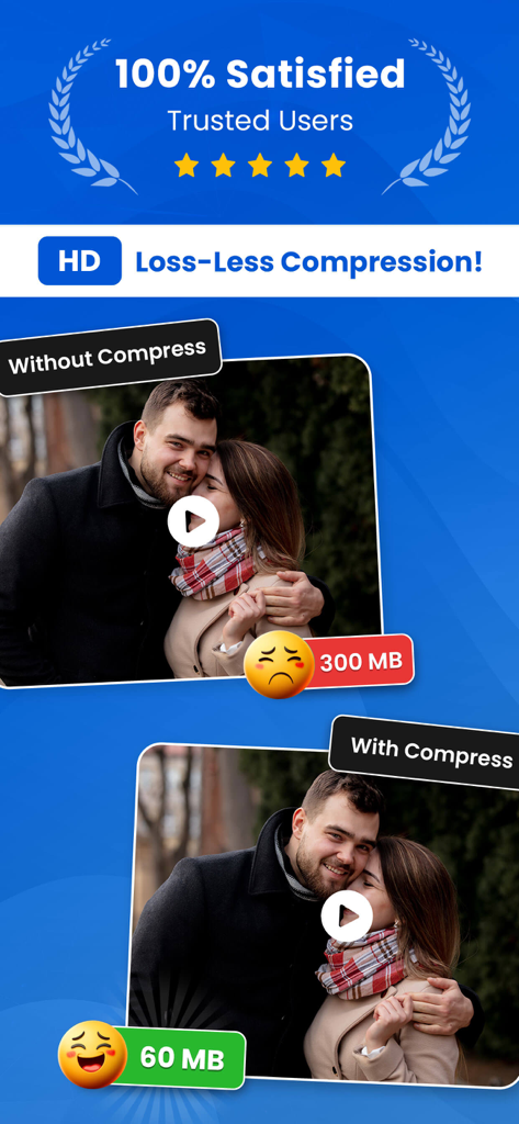 Video Compressor - VidPress - Interfaz de la aplicación VidPress comparando un archivo de video de 300 MB con una versión comprimida de 60 MB con alta calidad de resolución