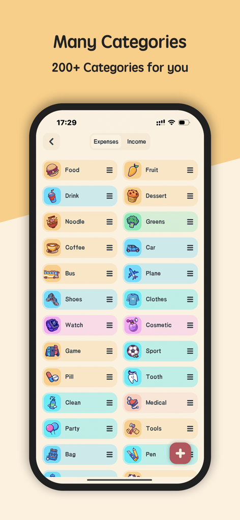 Meow Money manager - Pantalla de la aplicación Meow Money Manager que muestra una amplia variedad de categorías de gastos coloridas y lindas con íconos únicos.