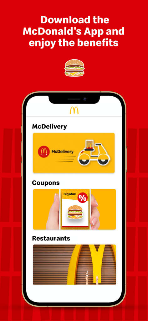 McDonald's Offers and Delivery - Smartphone displaying the McDonald's app homepage with options for McDelivery, Coupons, and Restaurants