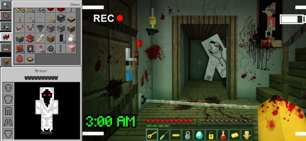 A Minecraft horror addon gameplay scene featuring a creepy character in a dark blood-splattered hallway at 3 AM.