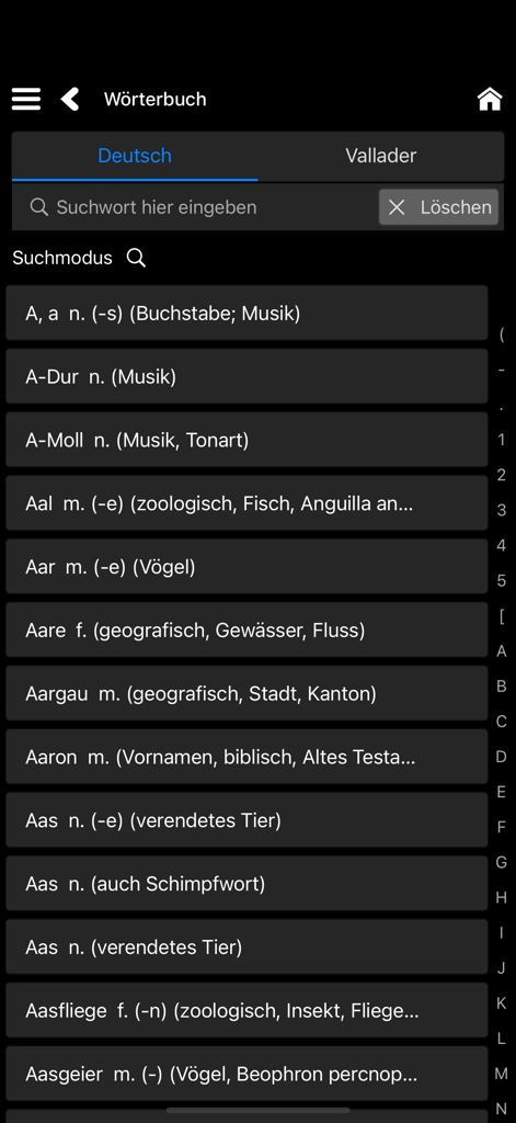 German search interface for the Romansh Vallader dictionary app displaying word results starting with A