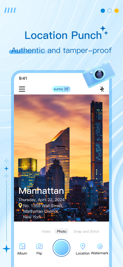 TimeStamp Camera+MAP - Tela de smartphone mostrando uma marca d'água de local e hora à prova de violação em uma foto de Manhattan.
