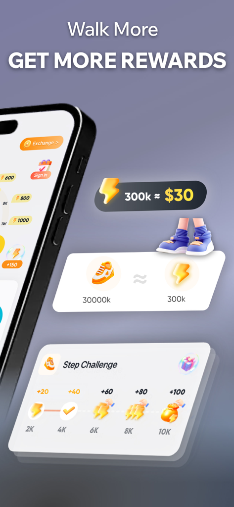 Perfit app interface showing a step challenge and rewards for walking